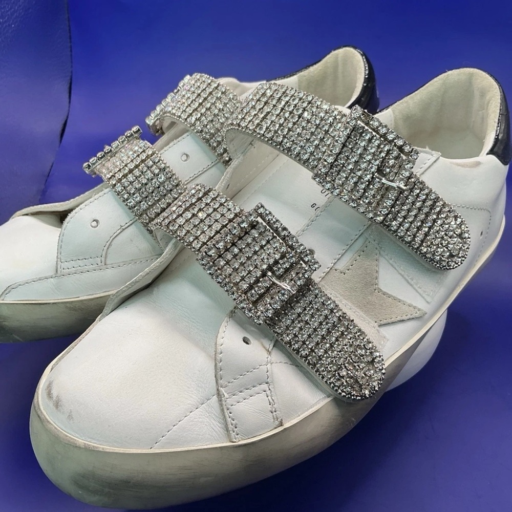 Golden Goose White Leather Sneakers with Rhinestone Buckle Straps size 40